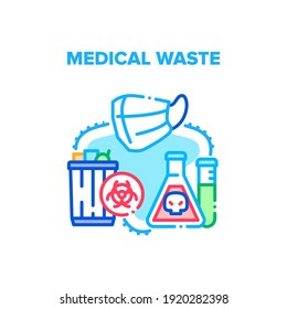 Medical Waste Vector Icon Concept. Used Infectious Masks And Medicine Laboratory Analysis In Trash Bin Container, Separating Infected Medical Waste. Clinic Biological Garbage Color Illustration
