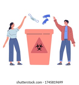 Medical waste vector illustration.Biological hazard flat tiny persons concept.Caution sign on bin to warn about dangerous substances, used masks,gloves and health risk.Hospitals recycle container