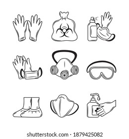 medical wear protective equipment icon face mask, gloves, shoes cover, biohazard waste sketch style vector illustration