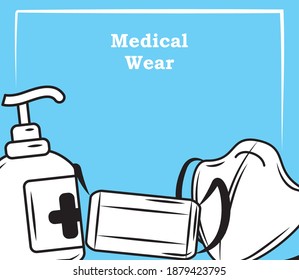 medical wear such as gel sanitizer mask and spray protective equipment sketch style vector illustration