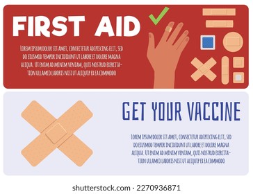 Medical web banners set with concepts of vaccination and first aid, flat vector illustration. Adhesive bandages advertising banner. Injured hand with sticking medical plaster.