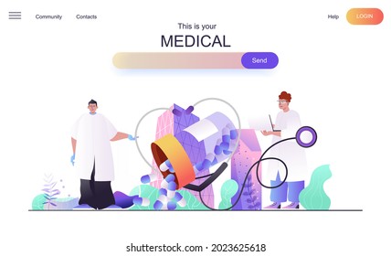 Medical web concept for landing page. Doctors diagnose patients and prescribe prescriptions, healthcare, drugs in pharmacy banner template. Vector illustration for web page in flat cartoon design