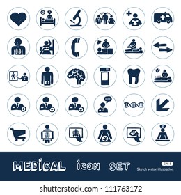 Medical Web Icons Set. Hand Drawn Sketch Illustration Isolated On White Background