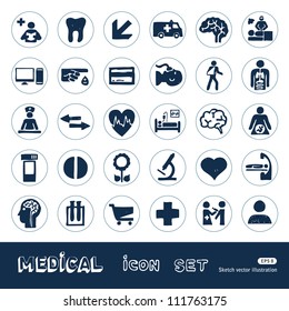 Medical Web Icons Set. Hand Drawn Sketch Illustration Isolated On White Background