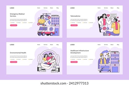 Medical Web Interface set. Featuring emergency services, telehealth, environmental health, and infrastructure projects. Interactive and informative healthcare website elements. vector illustration.