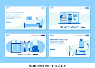 Medical web page concepts. Web page design templates set of hospital room, online pharmacy, medical and diagnostic research. Modern vector illustration designs for website development.