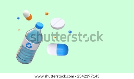 Medical web poster with place for text. 3d plastic bottle with water and different pills. Time to take medicine concept. Vector illustration with green background