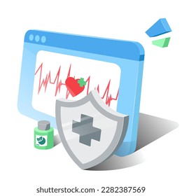 Medical web service. 3d model of a computer screen. Vector graphics on a white background