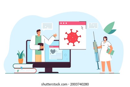 Medical Webinar On Coronavirus. Nurse With Syringe Watching Online Lecture By Doctor Flat Vector Illustration. Healthcare, Education Concept For Banner, Website Design Or Landing Web Page