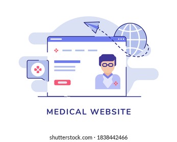 Medical website concept doctor character on display computer screen white isolated background with flat style