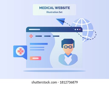 Medical website paper plane flying globe web doctor character with flat cartoon style.