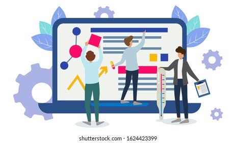 Medical website technology creation and development vector illustration isolated flat style. Teamwork of small professional people doctor with pill, thermometer. Huge laptop screen with internet page