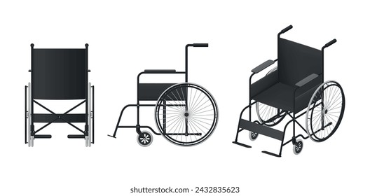 Silla de ruedas médica para pacientes en movimiento, ilustración vectorial realista. Asistencia médica, apoyo a la accesibilidad, equipo médico