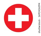 Medical white cross symbol in a red circle vector icon.