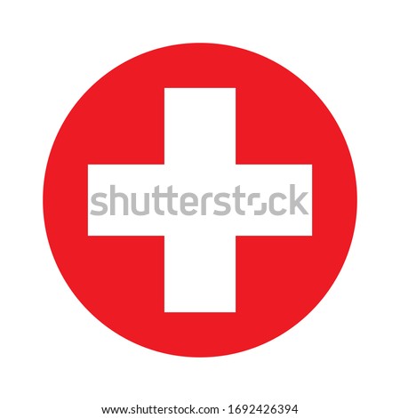 Medical white cross symbol in a red circle vector icon.