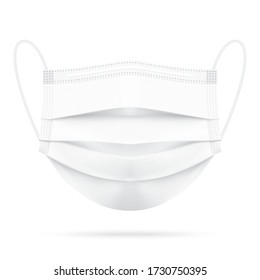 Medical white face mask isolated on background. Corona virus protection surgical mouth mask with shadow. Three layer, disease and pollution protective mask for personal health safety. Vector file.