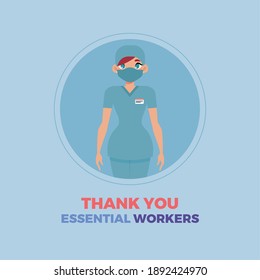 Medical Woman Blue Thanks Essential Workers Logo - Vector