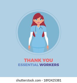 Medical Woman Blue Thanks Essential Workers Logo - Vector