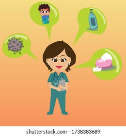 
medical woman explaining the virus infection to a sick man and ways of hygiene