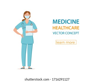 Medical woman in face protection mask cartoon characters vector illustration. Doctor professional girl for fighting the coronavirus. Stop the covid-19 healthcare concept with hospital worker.