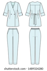 medical womans blue suit with pants and blouse