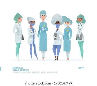 Medical Women Characters in Standing Pose. Special Uniform Design.