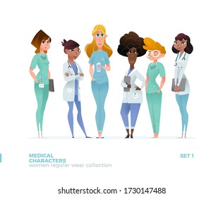 Medical Women Characters in Standing Pose. Special Uniform Design.