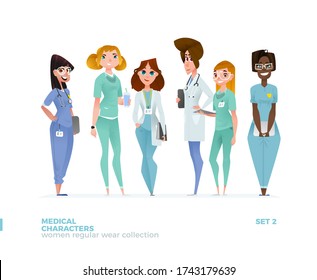 Medical Women Characters in Standing Pose. Special Uniform Design.