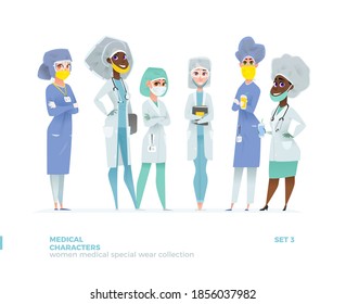 Personajes médicos de mujeres en pie. Diseño Uniforme Especial.