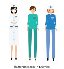 Medical women team. Nurse, paramedic, doctor. Hospital, clinic stuff, women characters in uniform vector illustration