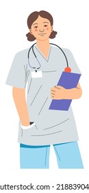 Medical worker or assistant to surgeon, nurse or therapist with stethoscope and notebook for patients data. Female character treating in hospital or clinics. Woman in uniform. Vector in flat style