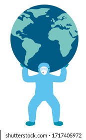 Medical worker as an Atlas bearing globe on his shoulders. Planet Earth problems. Sars-CoV-2 impact on global health and economy. All countries under quarantine. Covid-19 pandemic illustration