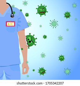 A medical worker is attacked by a virus. Virus bites hand. Vector. 