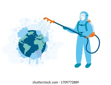 Medical worker in a blue isolation suit disinfecting Planet Earth. Sterilization procedures, disinfectants and antisepsis for Covid-19. Sars-CoV-2 uniforms. Pandemic prevention equipment illustration.