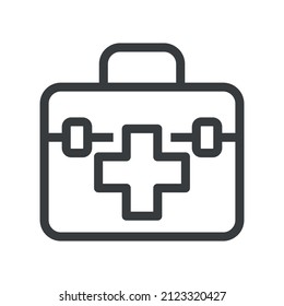 Medical worker briefcase icon. An image of a mobile suitcase with the minimum necessary set of first aid drugs. Isolated vector on white background.
