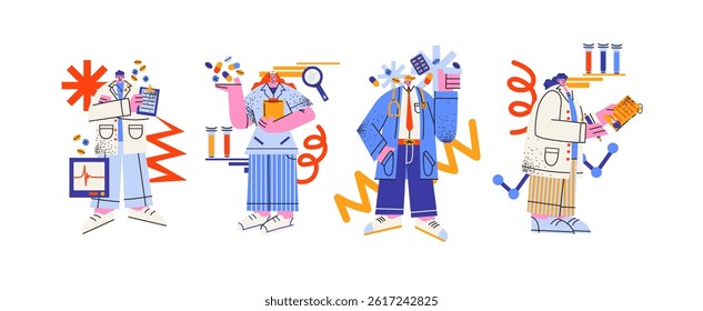 Medical worker characters in retro cartoon style. Doctors, nurses, uniforms, masks, stethoscopes, hospital staff, 90s healthcare vibe, illustration in retro cartoon style, trendy stickers