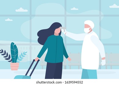 Medical worker checks the body temperature of passenger at the airport terminal. Doctor in a special uniform and mask. Public safety concept. Trendy style vector illustration