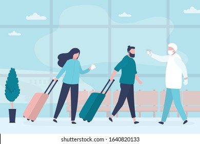 Medical Worker Checks The Body Temperature Of A Passengers At The Airport Terminal. Doctor Or Staff In A Special Uniform And Mask. Public Safety Concept. Trendy Style Vector Illustration