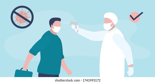 Medical worker checks the body temperature of businessman. Doctor or staff in special uniform and mask. Covid-19 prevention. Public safety concept. Viral pandemic. Trendy vector illustration