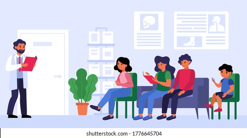 Medical worker with clipboard and waiting patients isolated flat vector illustration. Cartoon people sitting in hospital and therapist. Healthcare and medicine concept