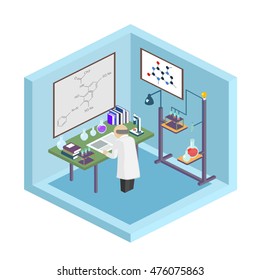 Medical worker conducting a study. Collect assays. The chemical process. Isometric vector illustration