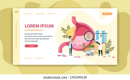 Medical Worker Diagnostic Stomach Content by Loupe. Colleague Medical Worker Discuss Analysis Stomach. Considered Pathogenic Formation inside Organ. Nearby Large Test Tube and Medicine Bottle.