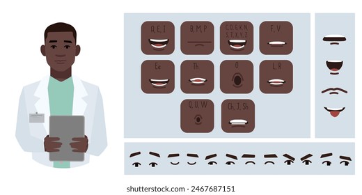 Medical worker doctor avatar creation suitable for animation. Generator, constructor of diverse eyes, lips, emotion expressions mouth animation and lip sync. Male character face construction.