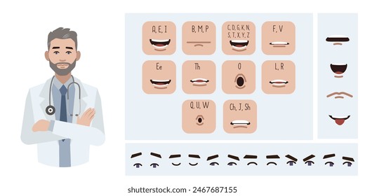 Medical worker doctor avatar creation suitable for animation. Generator, constructor of diverse eyes, lips, emotion expressions mouth animation and lip sync. Male character face construction.