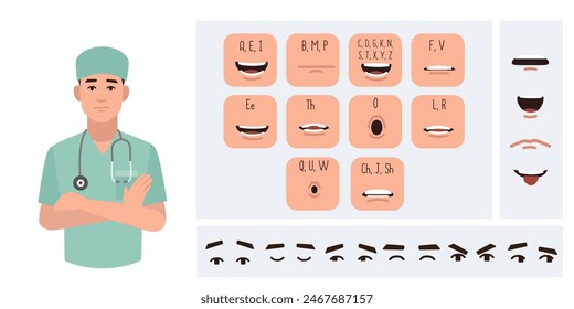 Medical worker doctor avatar creation suitable for animation. Generator, constructor of diverse eyes, lips, emotion expressions mouth animation and lip sync. Male character face construction.