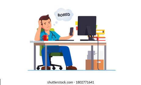 Medical worker doctor bored at work shuffling through phone sitting at office desk. Lazy unmotivated unproductive nurse man pass time with cellphone not doing job. Flat vector character illustration