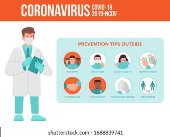 Mediziner, Arzt geben eine Präventions-Tipps der coronavirus Quarantäne Situation für die Menschen draußen. Covid-19, 2019-nCoV-Virus-Set Infografik-Anleitung. Flaches Design, Illustration.