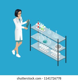 Medical worker doctor in laboratory analyzing x-ray of patient. Glass stand with containers bulbs. Woman diagnostics isometric 3d isolated on vector