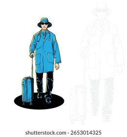 Um médico trabalhador médico de folga em férias caminhando vestindo chapéu de balde, óculos de sombra, laboratório de casaco e trazer estetoscópio e mala vetor mão desenhada ilustração