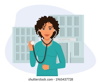 Medical worker, the doctor stands holding a stethoscope in his hands. The hospital is in the background. Virus and flu treatment and counseling.